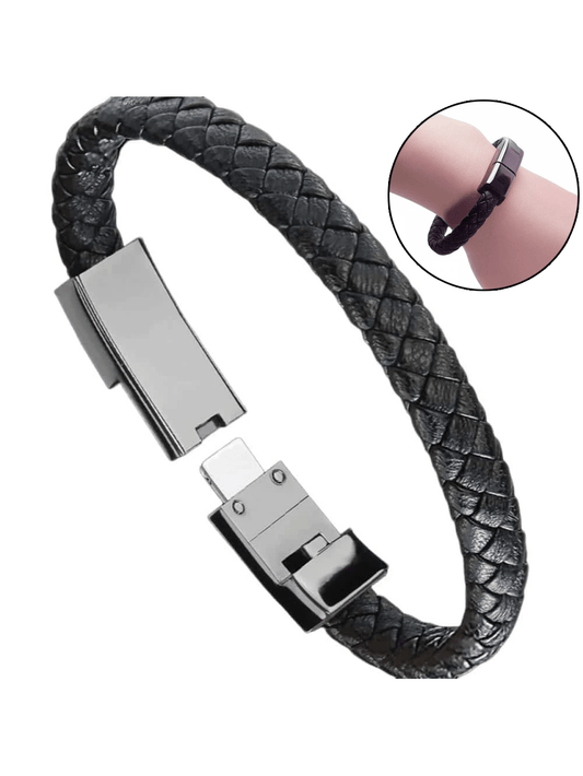 Black Braided Leather Bracelet Charging Cable Micro USB Charger Bracelet Cable Durable Leather Charging Data Cords Braided Wrist Cuff For Android Type-C IPhone Gifts For Women Or Girls