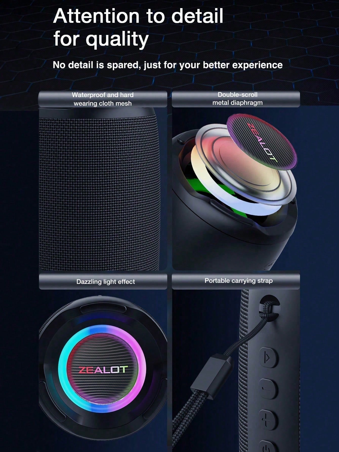 ZEALOT Wireless Speaker IPX7 Waterproof Wireless Speaker With 20W Loud Stereo Sound Outdoor Portable Speakers With Wireless 5.2 6H Playtime RGB Light 2600mah Battery Dual Pairing For Home Party.Christmas/Gifts//New Year's Day