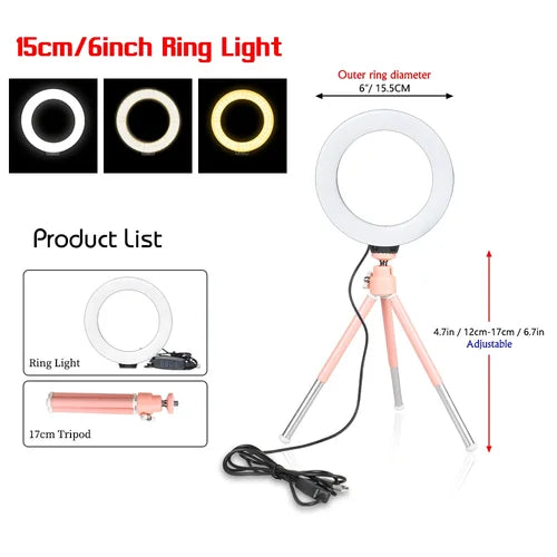 SH 16cm 6 inch Ring Light With Tripod Stand Usb Charge Selfie Led Lamp Dimmable Photography Light For Photo Photography Studio