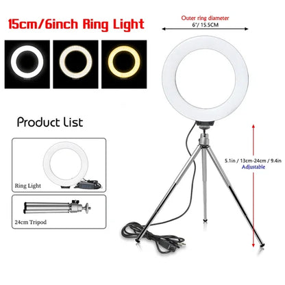 SH 16cm 6 inch Ring Light With Tripod Stand Usb Charge Selfie Led Lamp Dimmable Photography Light For Photo Photography Studio