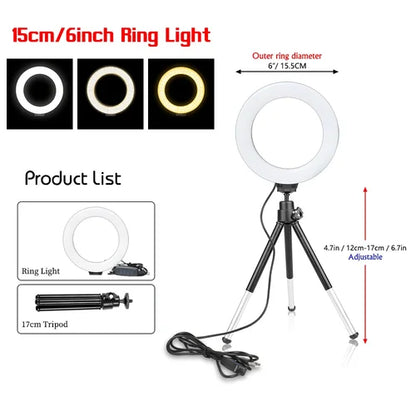 SH 16cm 6 inch Ring Light With Tripod Stand Usb Charge Selfie Led Lamp Dimmable Photography Light For Photo Photography Studio